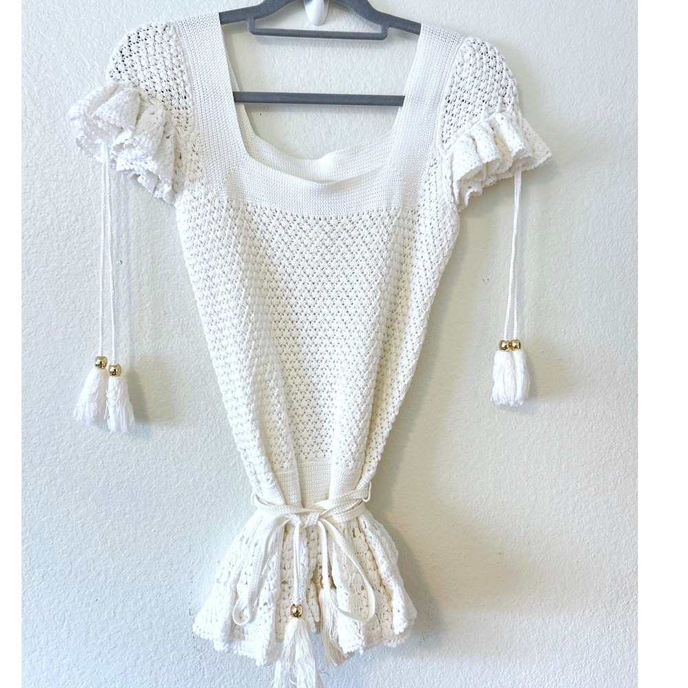 Milly of New York White Crochet Knit Tassel Peplum Top Square Neck Cotton Small